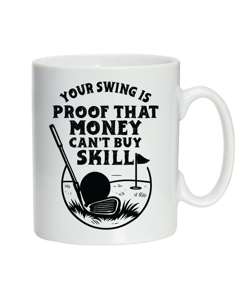 White mug with black golf graphic and text on a white background