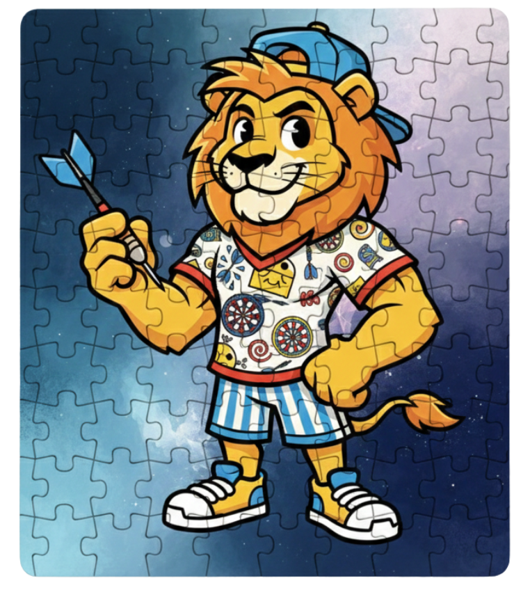 Jigsaw puzzle with a cartoon lion character holding an arrow against a starry night sky.  This is a Cows Corner customised jigsaw Cows Corner gifts are perfect for sport-mad fans, these gifts work brilliantly for birthdays, new baby celebrations, Father’s Day, Mother’s Day, Christmas, anniversaries, thank you gifts, end-of-season team awards, graduations, retirements, and just-because moments when you want to raise a smile. 