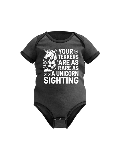 A black baby grow with the funny football and dad loving slogan on the front that reads 'I Get My Tekkers From Dad'