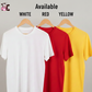Three t-shirts in white, red, and yellow on hangers with 'Available' text above showing what colour t-shirts are available through Cows Corner.