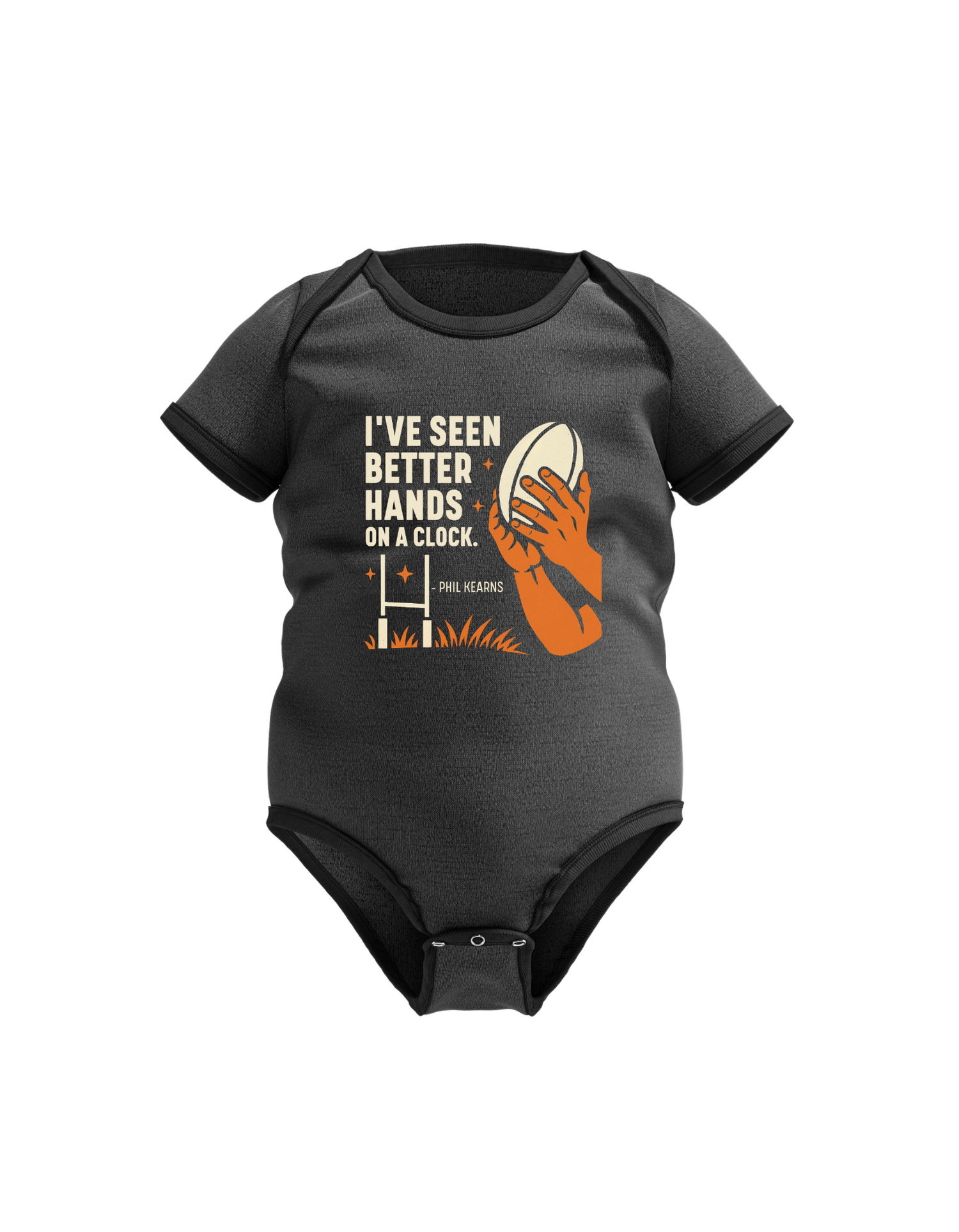 Black baby onesie with graphic design and text on a white background, with slogan on the front saying 'We Might Be the Underdogs, but at Least We’ve Got Better Teeth – Scott Gibbs