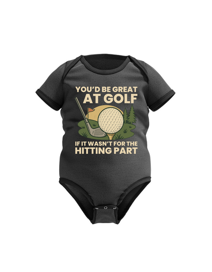Gray baby onesie with golf-themed text and graphics on a white background with Cows Corner slogan, you'd be great at golf if it wasn't for the hitting part.