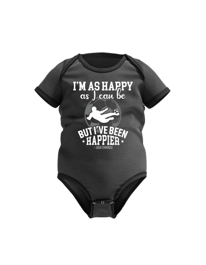 Black baby onesie with white text and graphic on a white background with the Cows Corner slogan. I'm happy as I can be, but I've been happier - Ugo Ehiogu