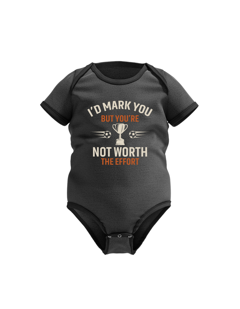 A black baby grow with the funny football and dad loving slogan on the front that reads 'I’d Mark You but You’re Not Worth the Effort'