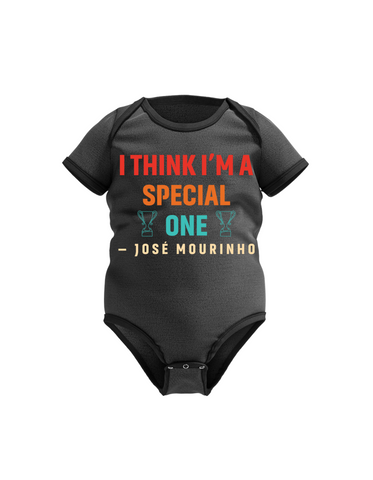 I Think I’m a Special One – Jose Mourinho | Funny Football Baby Bodysuit, Organic or In-Conversion to Organic Cotton, Self Fabric Bound Neckline, Cuffs and Leg Openings