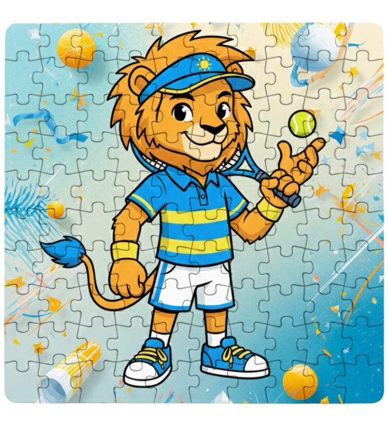 Jigsaw puzzle with a cartoon lion character holding a tennis racket and ball on a light blue background. This is a Cows Corner customised jigsaw Cows Corner gifts are perfect for sport-mad fans, these gifts work brilliantly for birthdays, new baby celebrations, Father’s Day, Mother’s Day, Christmas, anniversaries, thank you gifts, end-of-season team awards, graduations, retirements, and just-because moments when you want to raise a smile. 