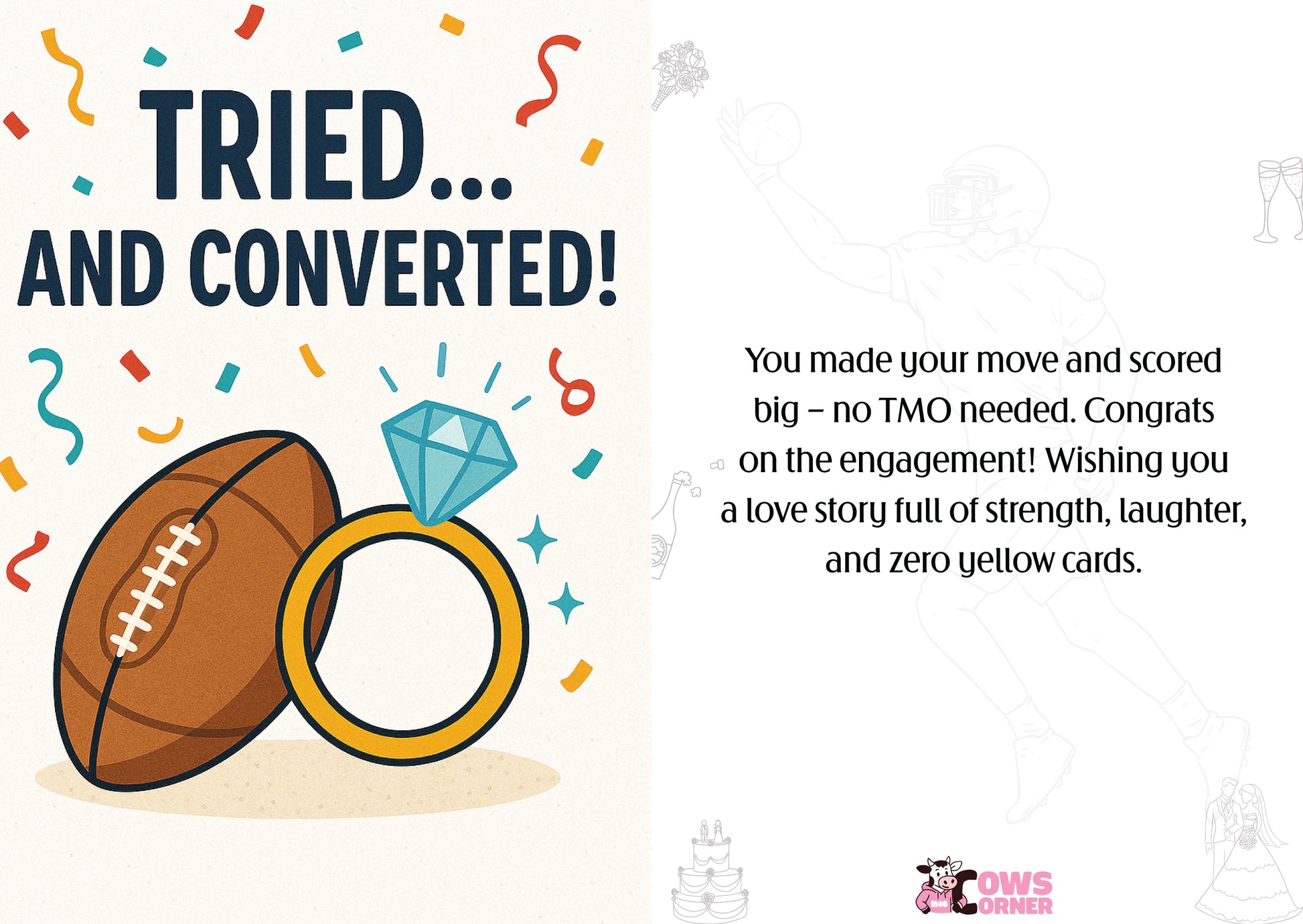 Engagement card with football, ring, and confetti on a white background This is a beautiful Cows Corner Card