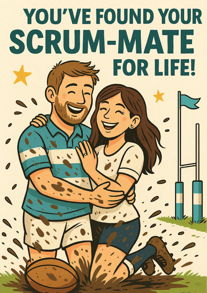 Cartoon illustration of a man and woman hugging with text 'You've found your scrum-mate for life!' on a beige background. This is a beautiful Cows Corner Card