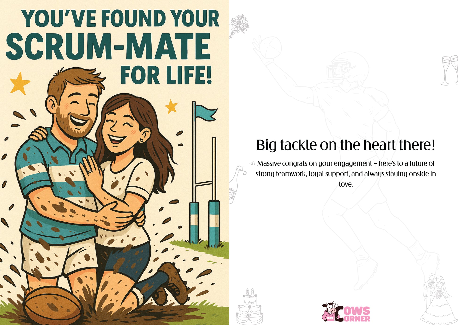Cartoon illustration of a couple hugging with text about finding a 'scrum-mate for life' on a rugby field. This is a beautiful Cows Corner Card