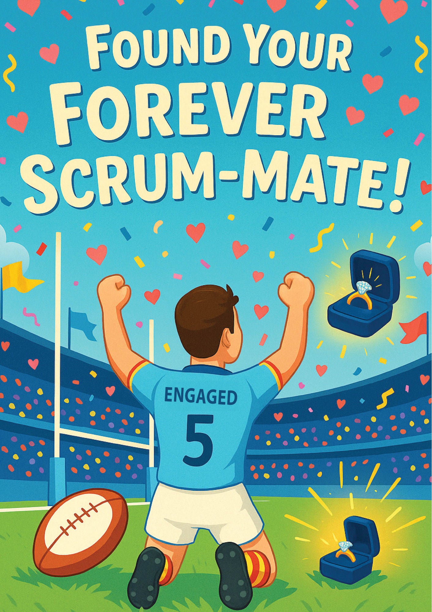 Engaged man in sports jersey celebrating with ring box and football, text 'Found Your Forever Scrum-Mate!' on colorful background. This is a beautiful Cows Corner Card