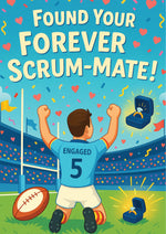 Engaged man in sports jersey celebrating with ring box and football, text 'Found Your Forever Scrum-Mate!' on colorful background. This is a beautiful Cows Corner Card