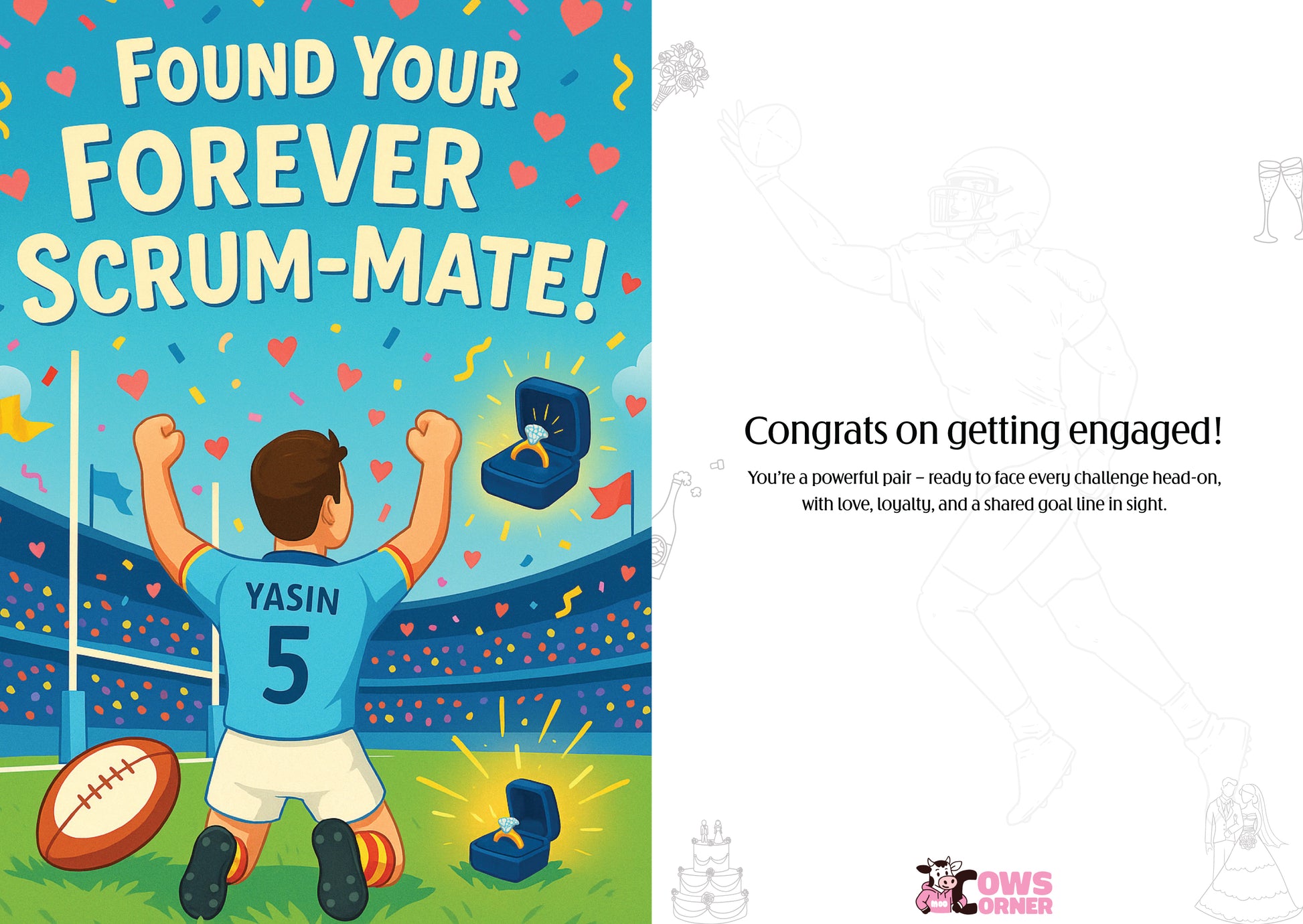 Engagement card with rugby player celebrating and text 'Found Your Forever Scrum-Mate!' This is a beautiful Cows Corner Card