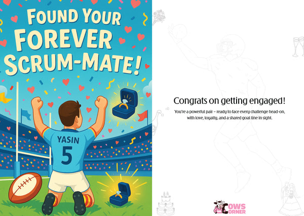 Engagement card with rugby player celebrating and text 'Found Your Forever Scrum-Mate!' This is a beautiful Cows Corner Card
