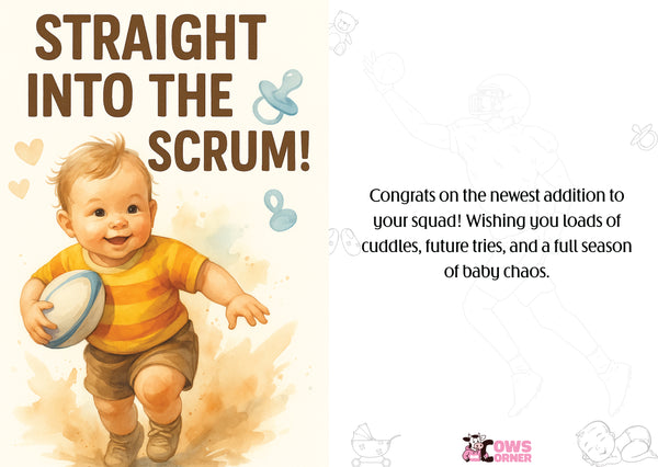 Illustration of a baby holding a rugby ball with text about a new addition to the family. This is a beautiful Cows Corner Card