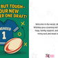 Blue sports jersey with number 1 and 'Engaged' text, next to a rugby ball on a green background with text about a new number one draft. This is a beautiful Cows Corner Card