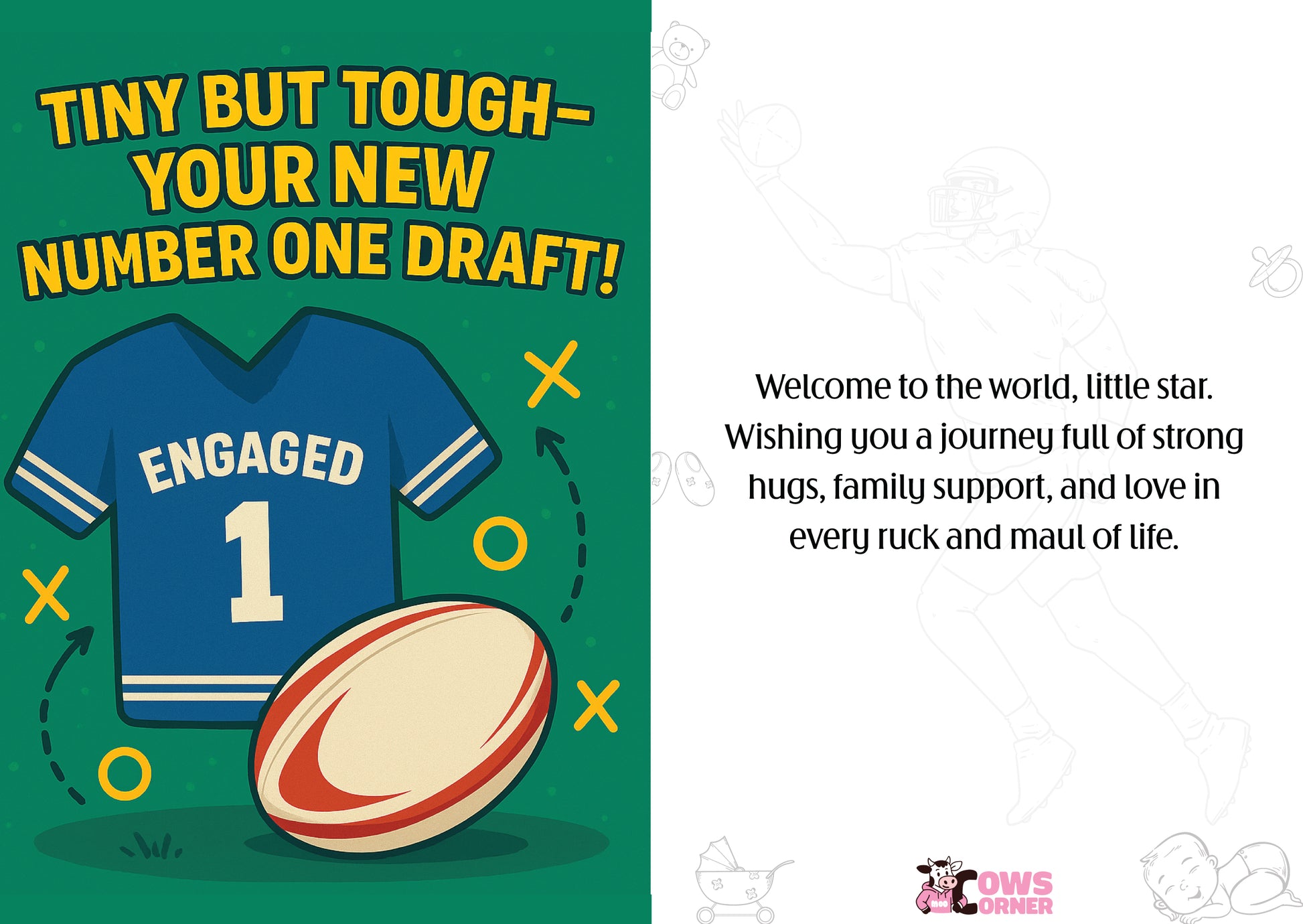 Blue sports jersey with number 1 and 'Engaged' text, next to a rugby ball on a green background with text about a new number one draft. This is a beautiful Cows Corner Card