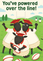 Illustration of three sheep in graduation attire with a rugby ball, celebrating crossing the finish line. This is a beautiful Cows Corner Card