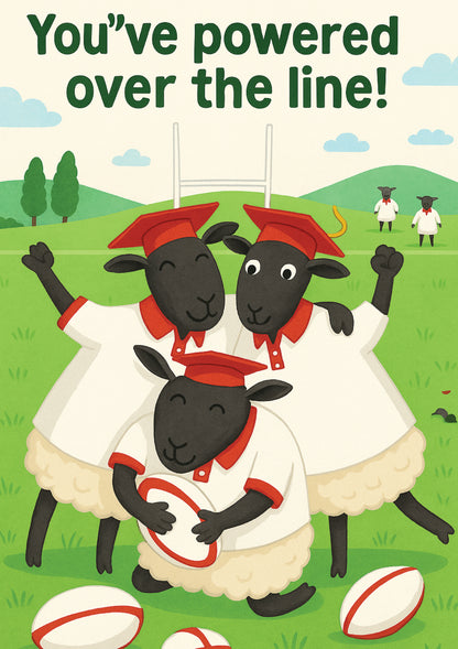 Illustration of three sheep in graduation attire with a rugby ball, celebrating crossing the finish line. This is a beautiful Cows Corner Card