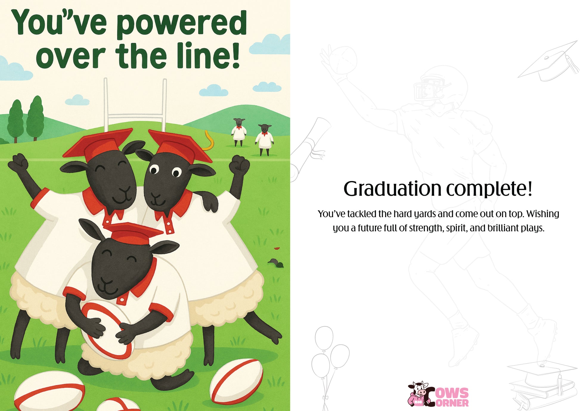 Illustration of sheep in graduation attire with text about graduating and strength. This is a beautiful Cows Corner Card
