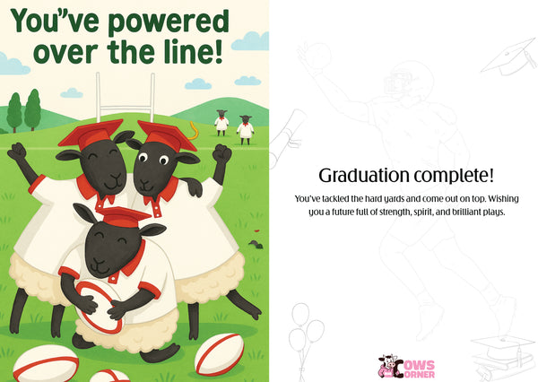 Illustration of sheep in graduation attire with text about graduating and strength. This is a beautiful Cows Corner Card