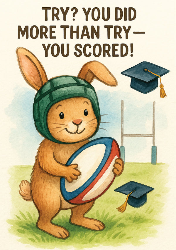 Illustration of a rabbit wearing a graduation cap and holding a diploma with text 'TRY? YOU DID MORE THAN TRY--YOU SCORED!' on a white background.  This is a beautiful Cows Corner Card
