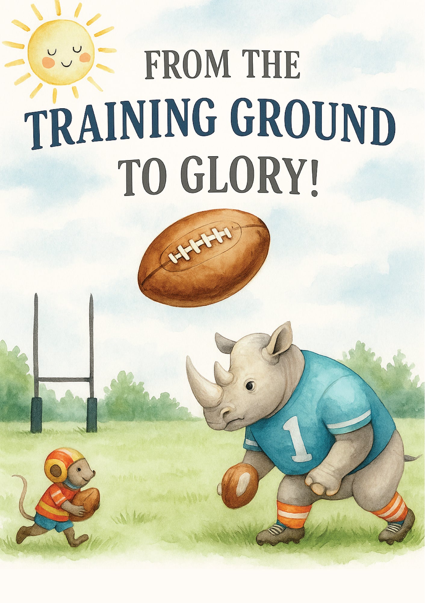 Illustration of a rhino and mouse playing football with text 'From the Training Ground to Glory!' and a sun icon. This is a beautiful Cows Corner Card