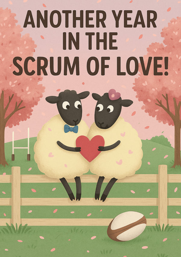 Two sheep holding a heart with text 'Another Year in the Scrum of Love' on a pink background. This is a beautiful Cows Corner Card
