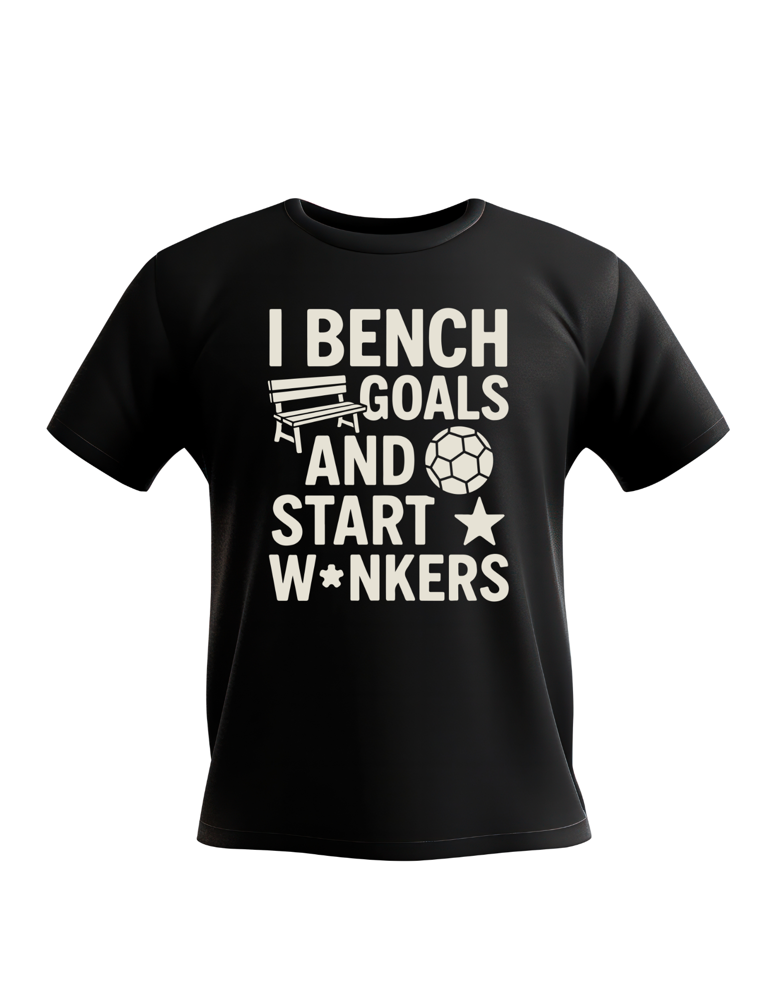 Black t-shirt with white text and graphics on a white background. A Cows Corner t-shirt with the funny fantasy football slogan on the front that reads 'I Bench Goals and Start W*nkers'.  Cows Corner gifts are perfect for sport-mad fans, these gifts work brilliantly for birthdays, new baby celebrations, Father’s Day, Mother’s Day, Christmas, anniversaries, thank you gifts, end-of-season team awards, graduations, retirements, and just-because moments when you want to raise a smile. 