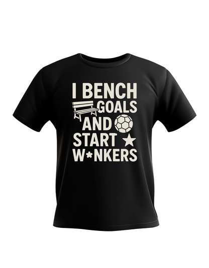 Black t-shirt with white text and graphics on a white background. A Cows Corner t-shirt with the funny fantasy football slogan on the front that reads 'I Bench Goals and Start W*nkers'.  Cows Corner gifts are perfect for sport-mad fans, these gifts work brilliantly for birthdays, new baby celebrations, Father’s Day, Mother’s Day, Christmas, anniversaries, thank you gifts, end-of-season team awards, graduations, retirements, and just-because moments when you want to raise a smile. 