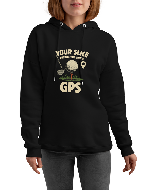Black hoodie with golf-themed graphic and text on a white background with a Cows Corner slogan saying Your slice should come with a GPS