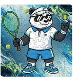 Panda character with tennis racket and ball on a puzzle. This is a Cows Corner customised jigsaw Cows Corner gifts are perfect for sport-mad fans, these gifts work brilliantly for birthdays, new baby celebrations, Father’s Day, Mother’s Day, Christmas, anniversaries, thank you gifts, end-of-season team awards, graduations, retirements, and just-because moments when you want to raise a smile. 