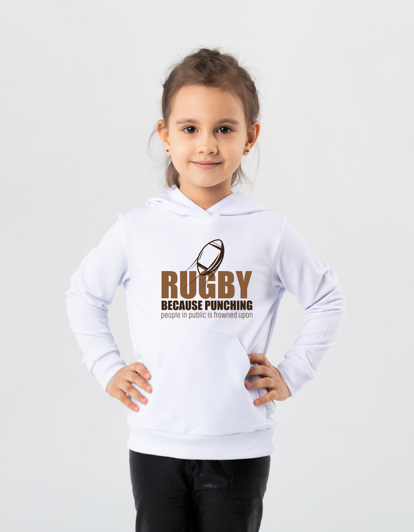 Child wearing a white hoodie with rugby-themed text on a light gray background with a Cows Corner slogan saying Rugby because punching people in public is frowned upon