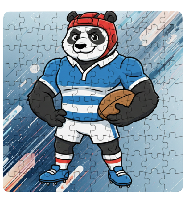 Panda rugby player puzzle with blue and white striped shirt on a light blue background. This is a Cows Corner customised jigsaw Cows Corner gifts are perfect for sport-mad fans, these gifts work brilliantly for birthdays, new baby celebrations, Father’s Day, Mother’s Day, Christmas, anniversaries, thank you gifts, end-of-season team awards, graduations, retirements, and just-because moments when you want to raise a smile. 