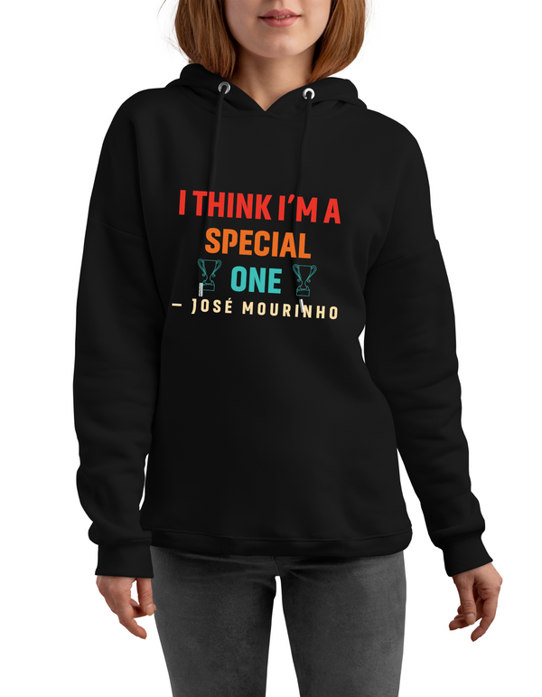 Black hoodie with colourful text quote on a white background with Cows Corner sloga,n I think I'm a special one - Jose Mourinho 