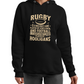 Black hoodie with gold text and rugby design worn by a person on a white background, with slogan on the front 'Rugby Is a Hooligan’s Game Played by Gentleman, and Football Is a Gentleman’s Game Played by Hooligans'
