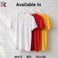 Three t-shirts in white, red, and yellow hanging on a rack against a white brick wall.  This indicates what colours you can print Cows Corner funny cricket, football, Tennis, golf, rugby and Darts slogans on - the perfect gift for all newborn sports fans and perfect for birthdays, baby showers, Christmas and christenings or just a thoughtful gift.