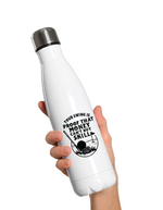 White water bottle with black text and graphic held by a hand on a white background