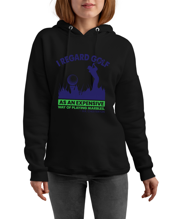 Person wearing a black hoodie with a humorous golf-themed graphic and text with a Cows Corner slogan saying I regard golf as an expensive way of play marbles.