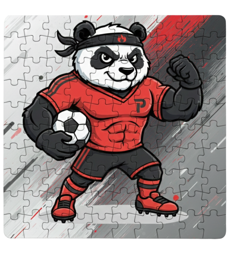 Panda character in a red sports uniform holding a soccer ball on a puzzle piece. This is a Cows Corner customised jigsaw Cows Corner gifts are perfect for sport-mad fans, these gifts work brilliantly for birthdays, new baby celebrations, Father’s Day, Mother’s Day, Christmas, anniversaries, thank you gifts, end-of-season team awards, graduations, retirements, and just-because moments when you want to raise a smile. 