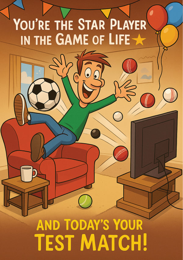 Cartoon character juggling sports balls in a living room with text about being the star player in the game of life with Cows Corner slogan saying You're the star player in the game of life, and today's your test match! 