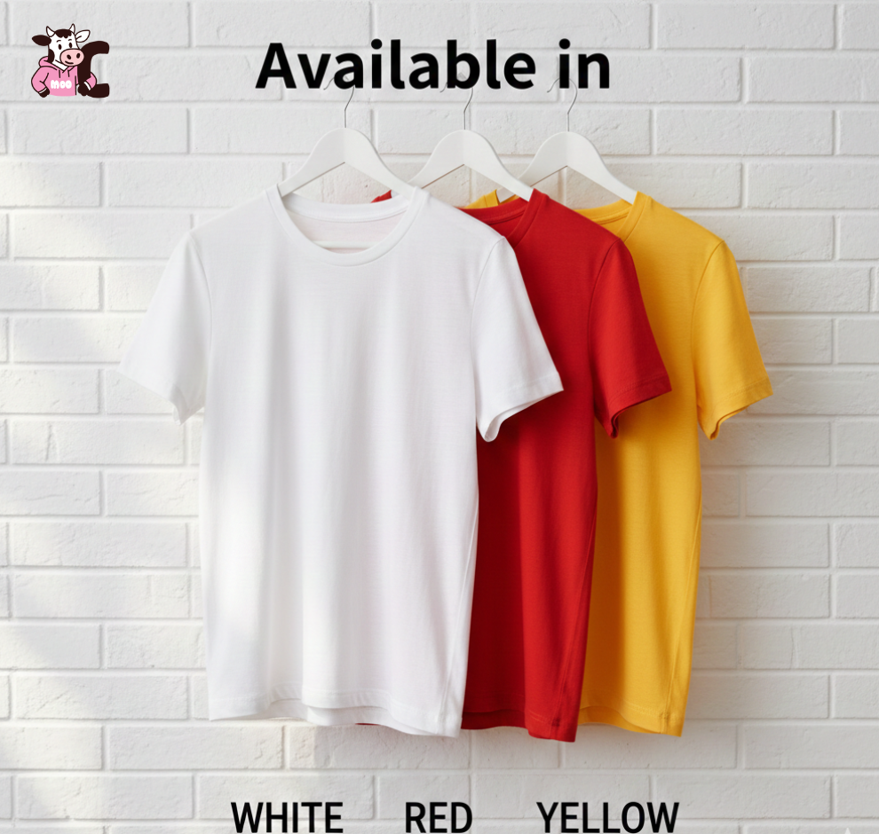 Three t-shirts in white, red, and yellow hanging on a rack against a white brick wall - showing what colours Cows Corner t-shirts come in