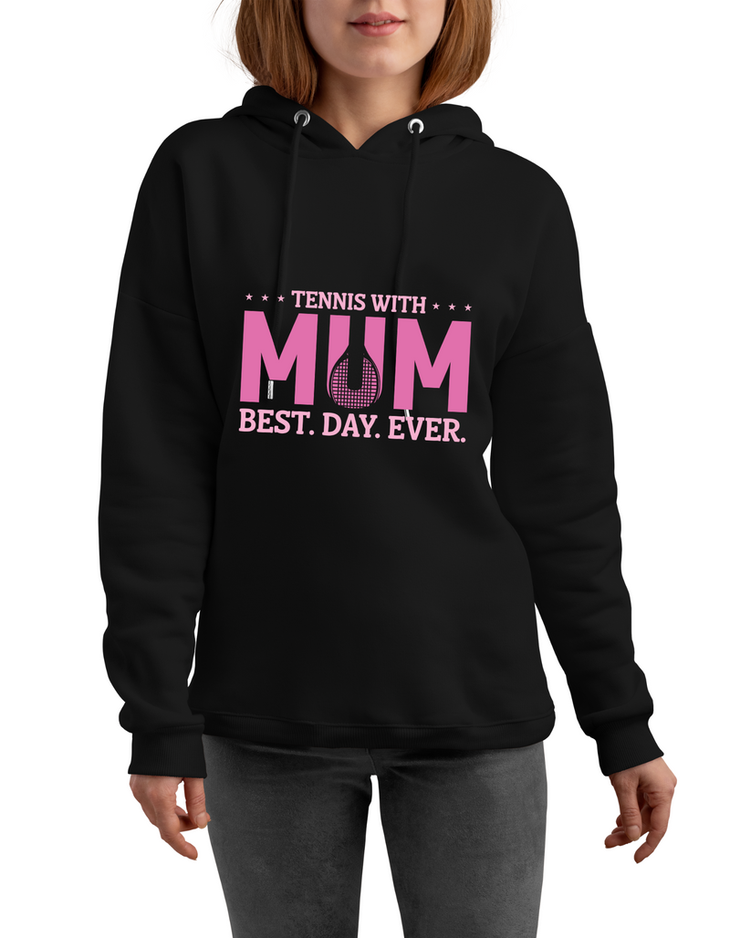 A lady wearing a black hoodie with the lovely tennis saying on the front which reads 'Tennis with Mums. Best. Day. Ever!'