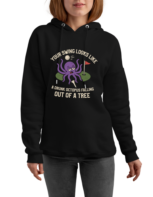 Black hoodie with a graphic design of an octopus and text, worn by a person with Cows Corner slogan, your swing looks like a drunk octopus falling out of a tree.
