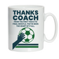 White mug with soccer-themed design and text on a white background with Cows Corner slogan saying Thanks Coach, from the first touch to final whistle, you've been the heart of it all