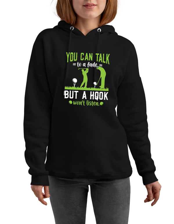 Person wearing a black hoodie with green text and graphics on a white background with a Cows Corner slogan saying You can talk to a fade but a hook won't listen.