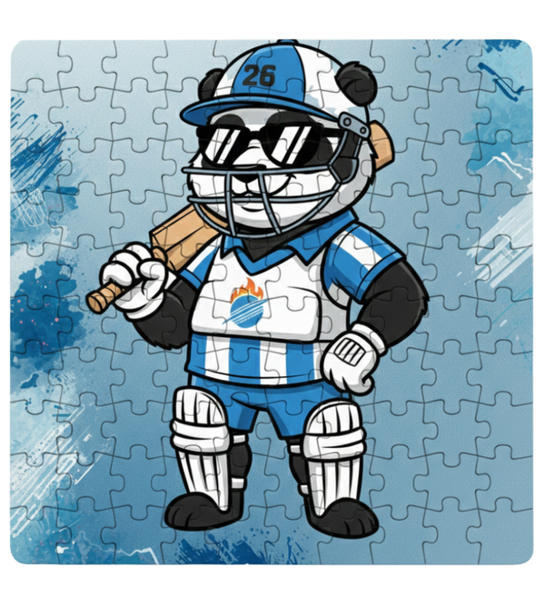 Cartoon character in a sports uniform holding a bat on a puzzle with blue and gray background. This is a Cows Corner customised jigsaw Cows Corner gifts are perfect for sport-mad fans, these gifts work brilliantly for birthdays, new baby celebrations, Father’s Day, Mother’s Day, Christmas, anniversaries, thank you gifts, end-of-season team awards, graduations, retirements, and just-because moments when you want to raise a smile. 