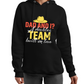 A lady wearing a black hoodie with the lovely tennis saying on the front that reads 'Dad and I? A Doubles Team Built on Love. '