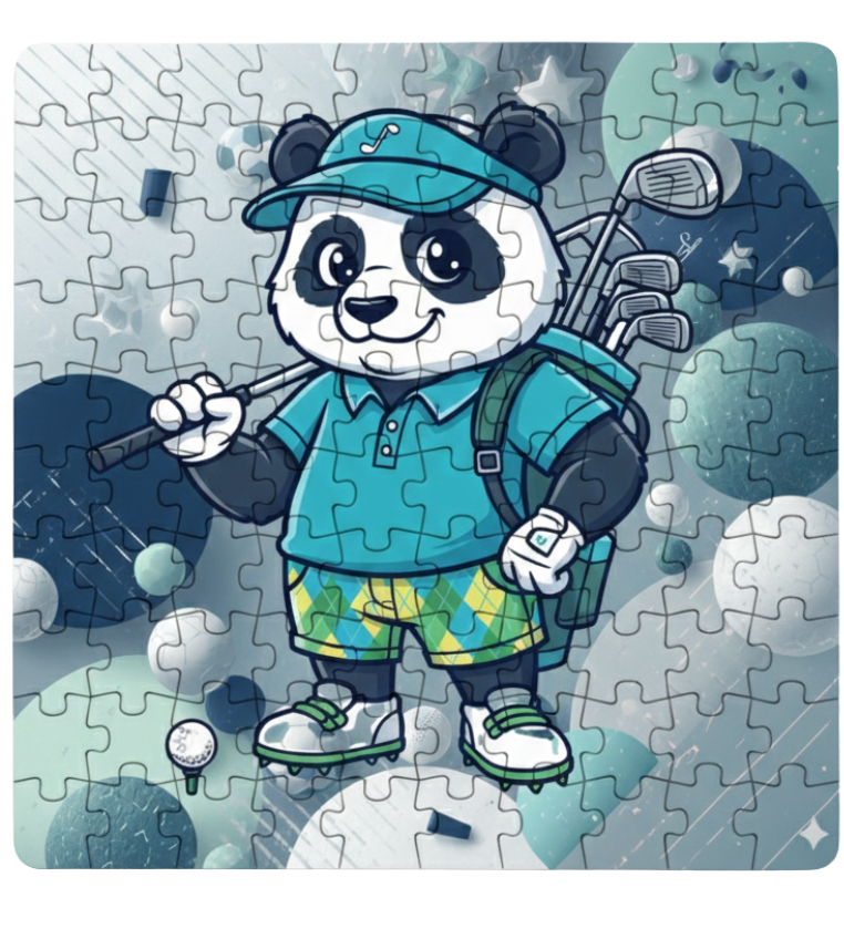 Panda character in golf attire on a jigsaw puzzle. This is a Cows Corner customised jigsaw Cows Corner gifts are perfect for sport-mad fans, these gifts work brilliantly for birthdays, new baby celebrations, Father’s Day, Mother’s Day, Christmas, anniversaries, thank you gifts, end-of-season team awards, graduations, retirements, and just-because moments when you want to raise a smile. 