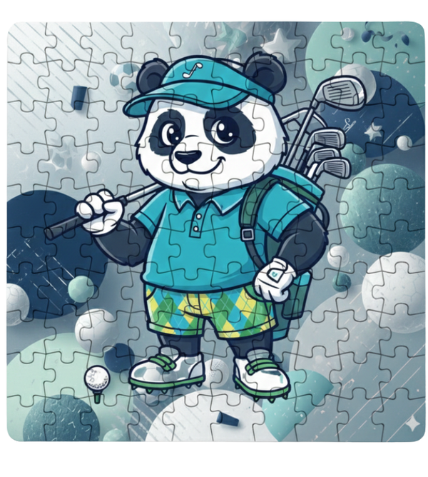Panda character in golf attire on a jigsaw puzzle. This is a Cows Corner customised jigsaw Cows Corner gifts are perfect for sport-mad fans, these gifts work brilliantly for birthdays, new baby celebrations, Father’s Day, Mother’s Day, Christmas, anniversaries, thank you gifts, end-of-season team awards, graduations, retirements, and just-because moments when you want to raise a smile. 