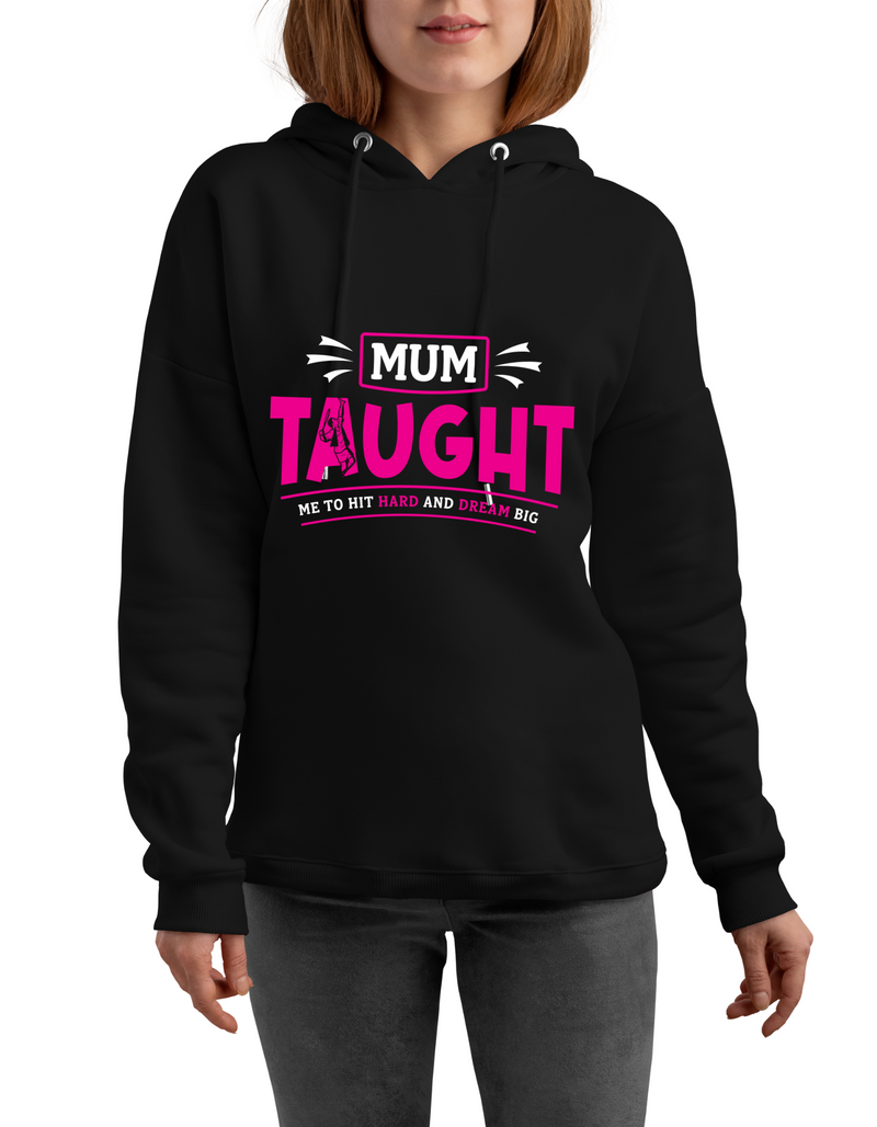 A lady wearing a black hoodie with the lovely tennis saying on the front that reads 'Mum Taught Me To Hit Hard and Dream Big!'